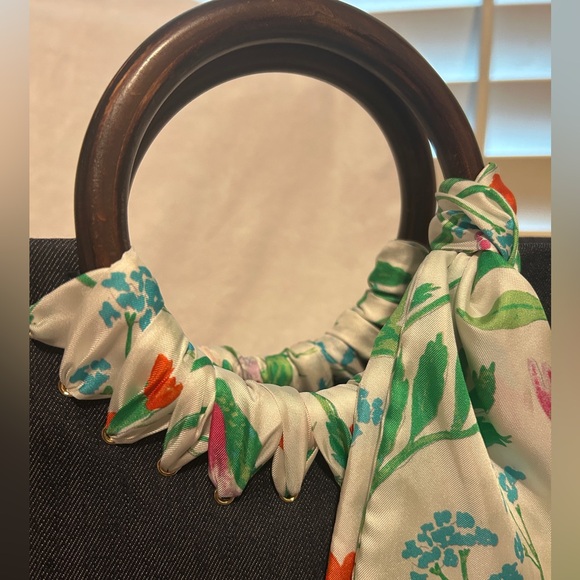 NWOT Kate Spade Ridgefield Street Katarina Colorful Scarf Wood & Denim Satchel - Picture 3 of 10